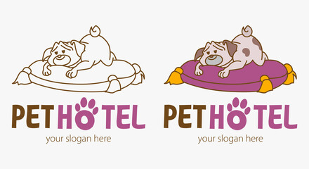 Wall Mural - Funny dog lies on a pillow. Animal hotel funny logo design template. Hotel and Indoor Pets Run. The Animal Lodge sign.