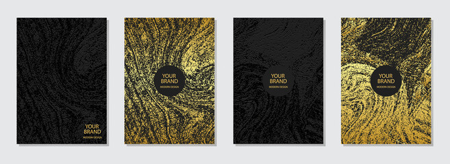 Luxurious set of cover designs, embossed black backgrounds. Geometric gold vintage 3d pattern. Vector grunge collection. Vertical templates for catalog, brochure template, magazine layout, booklet.