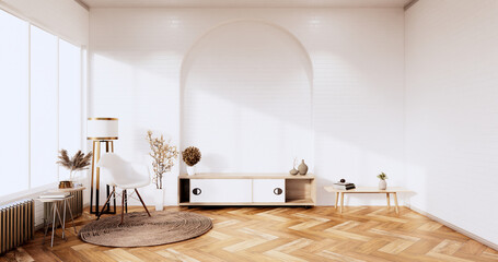 Wall Mural - Tv cabinet in loft interior white brick wall room minimal designs, 3d rendering