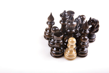 Sticker - Single pawn against black chess pieces isolated on white background- concept of unequal struggle