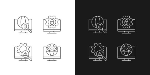 Sticker - Illegal activities detection linear icons set for dark and light mode. Jailbreak and darknet. Malicious software. Customizable thin line symbols. Isolated vector outline illustrations. Editable stroke