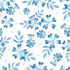Fototapeta Blue flowers and leaves seamless pattern 