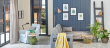 Modern Blue Room, Grey Sofa, Yellow Blanket And Leaf Frame, Lamp, Home Decoration And Parquet Style.