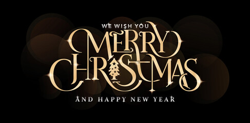 Wall Mural - illustration of merry Christmas lettering fonts golden color with isolated black background and happy new year, applicable for greeting cards, invitation, sign and banners.