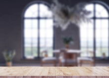 Wood Table Top With Blur Classic Dark Interior Large Arch Windows