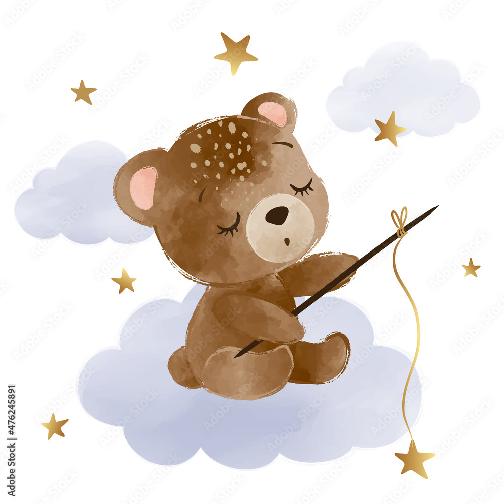 Cute little teddy bear is sitting on the cloud and catching stars ...