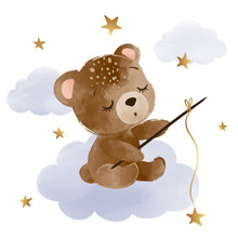 Cute Little Teddy Bear Is Sitting On The Cloud And Catching Stars, Vector Illustration, Kids Fashion Artworks, Baby Graphics For Wallpapers And Prints.