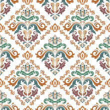 Classic Seamless Vector Pattern. Damask Orient Green And Orange Ornament. Classic Vintage Background. Orient Ornament For Fabric, Wallpapers And Packaging