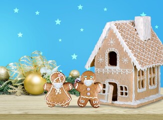 Canvas Print - Happy New Year's set of house, gingerbread man from ginger biscuits glazed sugar icing decoration