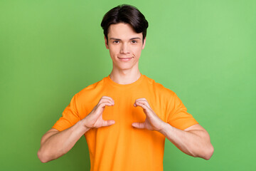 Sticker - Photo of young happy positive man hold hands camera imagine good mood isolated on green color background