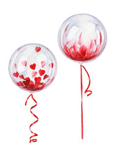 Balloons With A Red Feather And Hearts Inside. Hand-drawn Watercolor Illustration