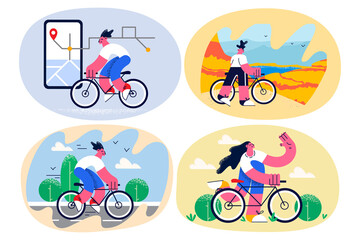 Wall Mural - Set of young people have fun relax riding bike