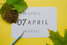 7 April Day Of Month On A White Sheet And The Dates Of The Day Earlier And Later, Written In Simple Pencil. Decoration With Green Leaves And Yellow Background.