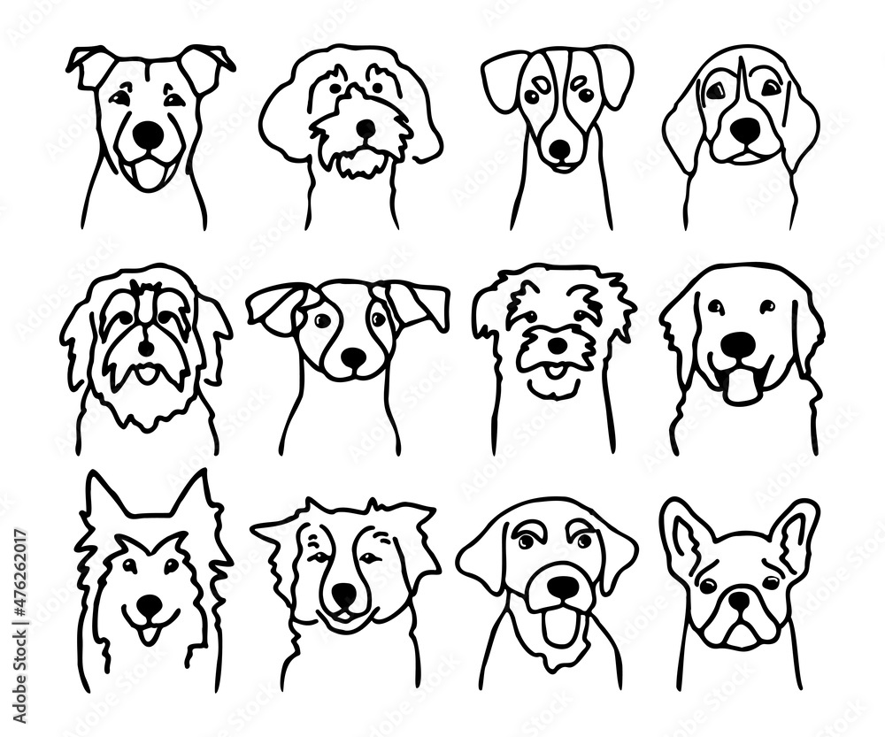 Set of different dog faces. Canine breeds in doodle style. Ink hand ...