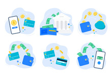 Set Of Finance Concepts With Money Transfers. Sending Out Money To A Card, To A Banking Account, Or An Electronic Wallet. Finance Transactions And Payments. Vector Flat Illustrations.