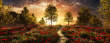 Beautiful Landscape  With Red Flowers, Hills, And Sunset,