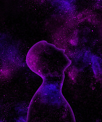 purple and blue shining universe in the form of a male silhouette looking up on a starry space backg