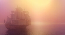 Tall Ship At Sea In Sunrise Background