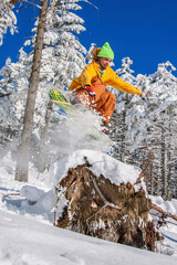 Wall Mural - Snowboarder jumping against blue sky in high mountains