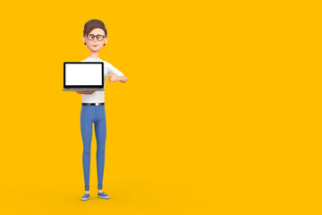 Leinwandbilder - Cartoon Character Person Man Hold Laptop with Blank Screen for Your Design. 3d Rendering