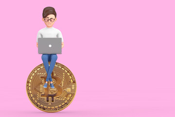 Poster - Crypto Finance Concept. Cartoon Character Person Businessman with Laptop working over Digital and Cryptocurrency Golden Bitcoin Coin. 3d Rendering