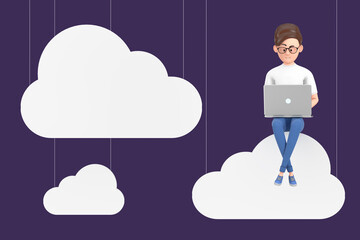 Aufkleber - Cartoon Character Person Businessman with Laptop working over Clouds. 3d Rendering