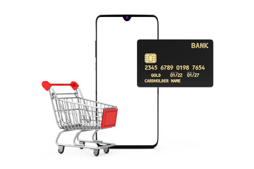 Aufkleber - Online Shopping Concept. Shopping Trolley Cart with Mobile Phone and Credit Card. 3d Rendering