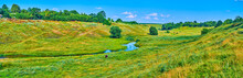 Panorama Of The Hilly Meadow With Grazing Cow And Small Stream In Ukrainian Village
