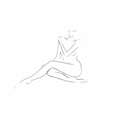 Wall Mural - Young naked woman in sitting pose. Female body, figure. Line drawing, sketch. Vector