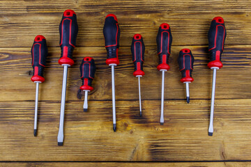 Wall Mural - Set of screwdrivers on wooden background. Top view