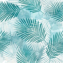 Wall Mural - Tropical pattern, palm leaves seamless vector background. Exotic plant on watercolor stains artistic jungle print. Leaves of palm tree. ink brush