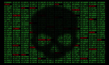 Digital Binary Code And A Skull With Modern Crypto And Cybersecurity Threat Words.