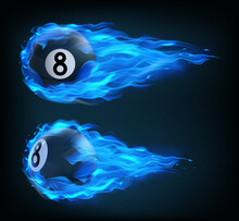 Flying Black Billiard Eight Ball In Blue Fire