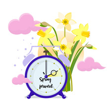 Daylight Saving Time Concept. Clocks Move Forward. Daffodils And Sun Near The Clock. Spring Clock Change.