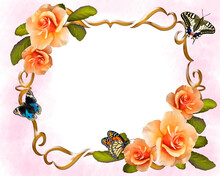 Illustration Of A Photo Frame With Roses.Photo Frame With Roses And Butterflies.