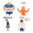 Children with different mental health problems. Depression, obsessive-compulsive disorder, Oppositional defiant disorder, Post-traumatic stress disorder. Vector illustration of hand drawing style