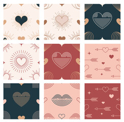 Wall Mural - Minimalist Bohemian Valentine's day background, pattern. Geometric style heart, lips, sun and rainbow, design templates, geometric abstract design elements for decoration