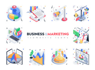 Aufkleber - Business and marketing isometric icons set. Data analysis, financial statistics, advertising, promotion strategy, company development 3d isometry isolated pack. Vector illustration isometric elements