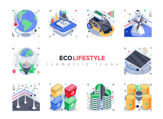 Poster - Eco lifestyle isometric icons set. Global climate change, alternative energy sources, waste sorting and recycling, nature conservation 3d isometry isolated pack. Vector illustration isometric elements