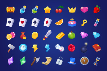 Colorful slots items for game menu isolated set. Fruits, cards, dice, diamond, roulette, casino different symbols. Gambling elements kit of graphical user interface of mobile app. Vector illustration.