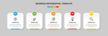Business Infographic Design Template With Icons And 5 Options Or Steps. Can Be Used For Workflow, Presentation, Etc. Vector Illustration