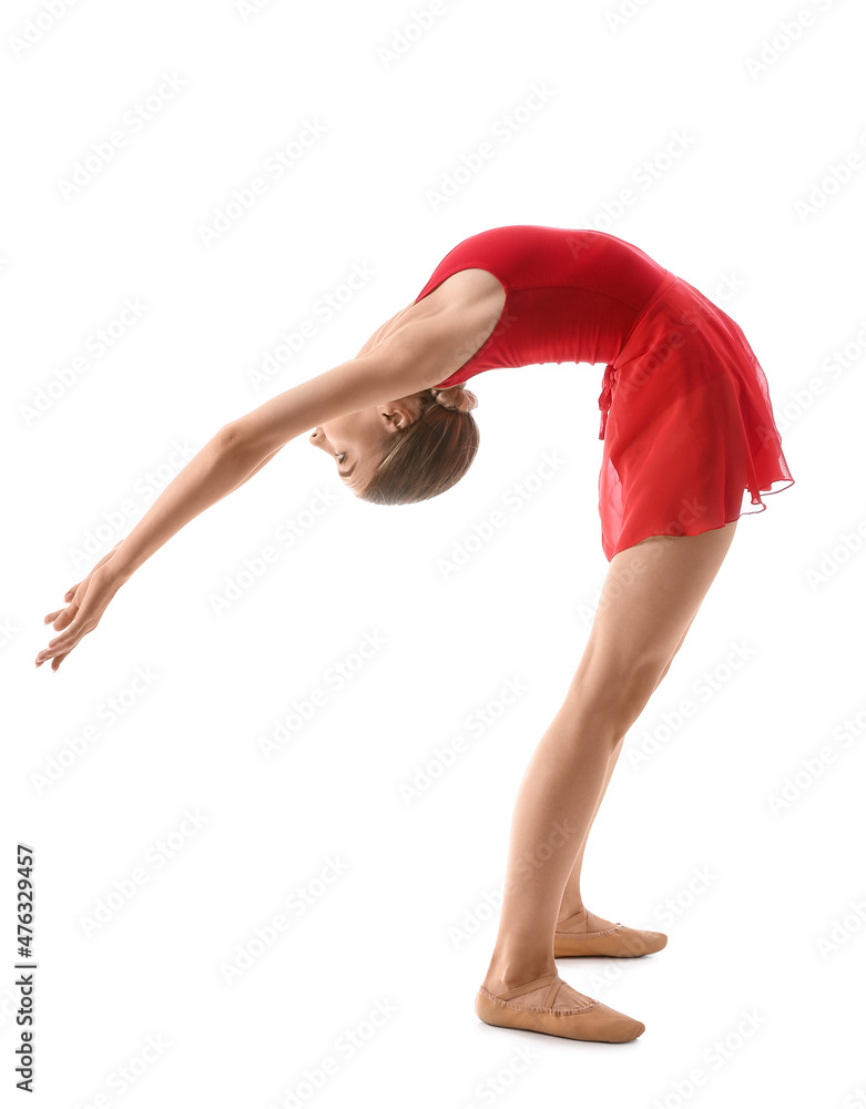 Beautiful young woman doing gymnastics on white background