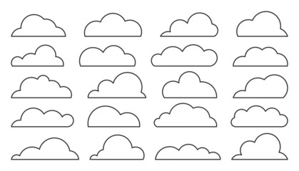 Wall Mural - Cloud black line set. Climate weather cloudy icon. Blank form web storage meteorology database. Cartoon sign simple news dialogue banner. Fill sticker image software thin stroke isolated on white