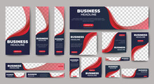 Set Of Creative Web Banners Of Standard Size With A Place For Photos. Gradient Black And Red. Business Ad Banner. Vertical, Horizontal And Square Template.