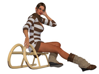 Sticker - 3d illustration of a beautiful woman posing with a sleigh 