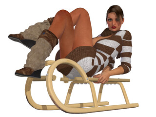 Sticker - 3d illustration of a beautiful woman posing with a sleigh 