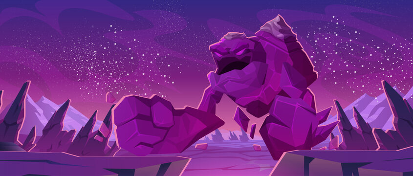 Big stone golem character on alien planet surface. Vector cartoon illustration of fantasy angry giant monster and futuristic space landscape with rocks and stars in sky