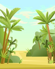 Wall Mural - Palm trees in tropical forest. Sand. Jungle leaves. Beautiful summer landscape. Vector.