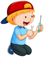 Wall Mural - A boy holding a screwdriver on white background