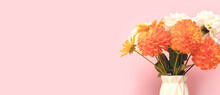 Banner With Bouquet Of Dahlia Flowers In Vase In Front Of Pink Pastel Background. Floral Decorative Composition With Copyspace.